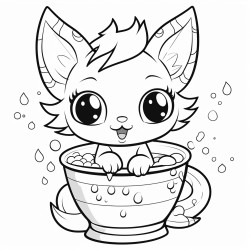 a small cat with oversized ears peeking out from an overflowing cauldron filled with bubbling potion
