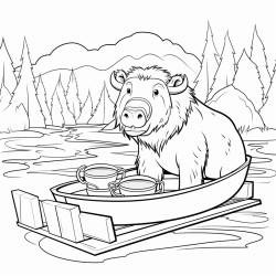 bison drinks coffee in a raft