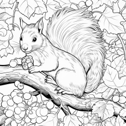a closeup scene of a fluffy squirrel gathering nuts under a large oak tree with leaves drifting down