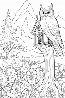 switzerland landscape with a quaint stone house surrounded by flowers and a cypress tree a owl on a tree branch