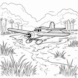 a swamp scene with an old airplane flying above