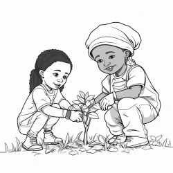professional sketch drawing of african boy and a girl chlid planting trees in the forest for coloring book coloring page