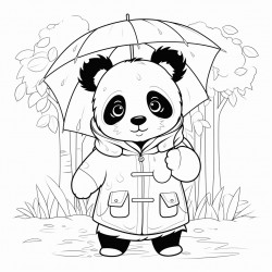 baby panda wearing a raincoat in jungle surrounded by tall trees and rain