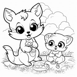 cute cat with big eyes and a little mouse having a picnic in the garden