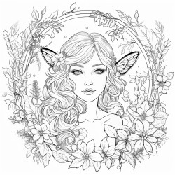a beautiful elf girl with wings surrounded by beautiful nature delicate flowers large trees coloring page for adults