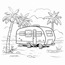 a track caravan with some palm trees behind it