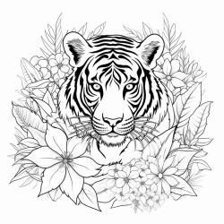 tiger surrounded by tropical flowers
