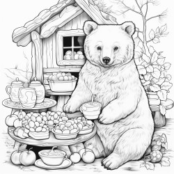 a black bear bakes cinnamon bread in an english cottage in the autumn