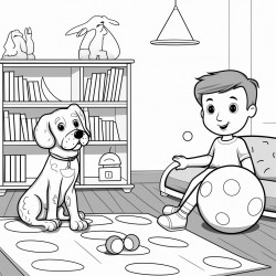 a toddler playing with a ball and his dalmatian dog in the living room