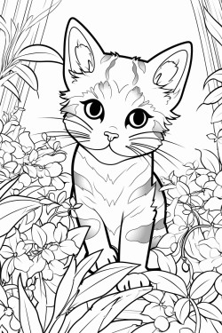 a small cat between flowers and leaves in a huge garden