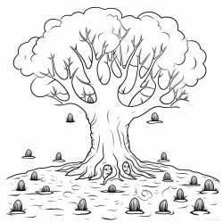 a simple spooky autumn forest with one large tree in the center that has a honeypot floating near it