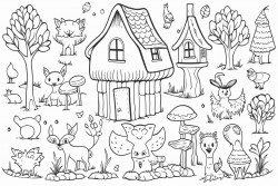 majestic trees woodland animals deer foxes owls mushroom patches flowing streams and cozy cabins