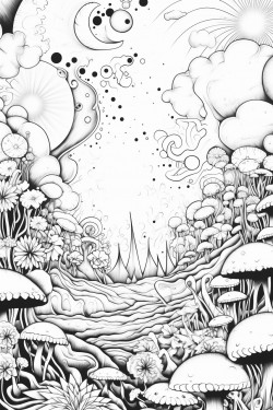 psychedelic outer space sky with sun and moon and planets mushroom garden with butterflies