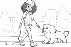 beautiful  african american young girl walking confidently strong and courageous while with cute fluffy puppy