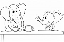 image of a elephant sitting at a table drinking a cup of coffee with a donkey