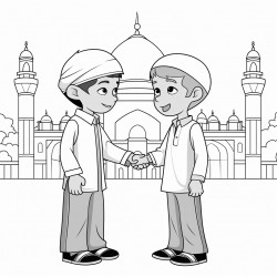 two muslim kids talking with each other front of masjid