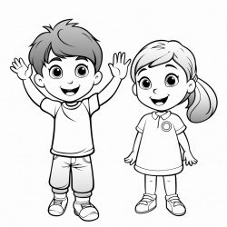 hello two children facing each other one with their hand raised in a wave and the other signing hello using als