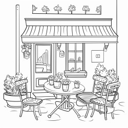 create a simple black and white line drawing of a quaint welcoming cafe