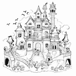 a haunted mansion with spooky characters