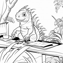 an iguana at a desk in the forest
