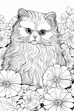 a grey furry old cat with grumpy green eyes its tail curled around itself the background is a huge full flower garden