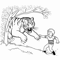 a man swinging on a strawberry vine while being chased by a tiger