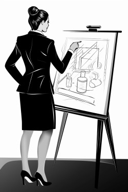 a woman in a business suit draws on a chalkboard with a crayon