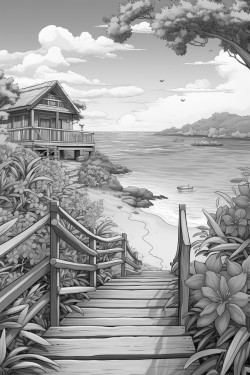 tropical island home with birds and flowers