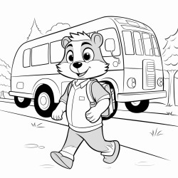 badger walking away from school bus into school on first day
