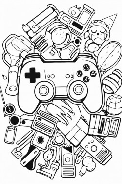 bw outline art for kids coloring book outline in bold black lines white background with gamer theme