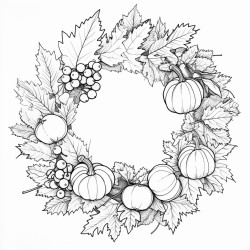 create a blackandwhite coloring page featuring an autumninspired wreath with leaves pumpkins berries and acorns arrange the elements in a loose opencircle format leaving gaps so the wreath does not fully close each item should have clear