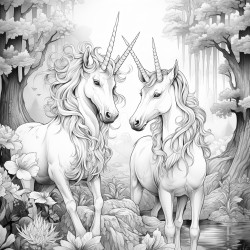 magical forest with flying unicorns coloring page