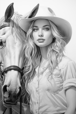 a cowgirl thats riding a draft horse and her face is hidden by her hat