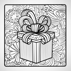 cozy christmas gift coloring book page no colors black and bold lines