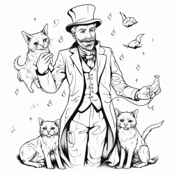 happy magician playing with cats