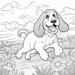 basset hound running through daisies