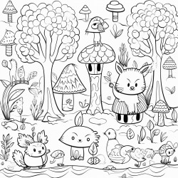 imagine a magical forest where animals can talk color the trees flowers and animals in bright happy colors