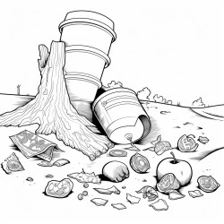 park with 4 pieces of garbage hidden an apple core old boot used pop can and candy wrapper
