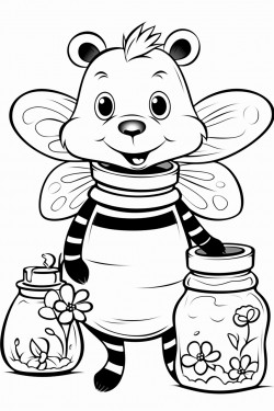 b is for bear a friendly bear holding a honey jar surrounded by buzzing bees
