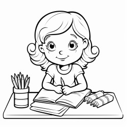 a girl sitting in a desk with a pencil in her hand