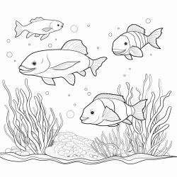 an ocean with a clownfish in an anemone a shark chasing a fish and a whale with barnacles swimming