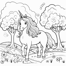 hermoso unicornio en el bosque rodeado de arboles rio