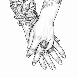 female hand with long fingernails and rings on fingers coloring book page black and white only no colors