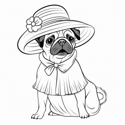 pug wearing a dress and a sunhat