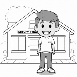 kid with a big smile standing outside a building with a sign that says myofunctional therapy clinic