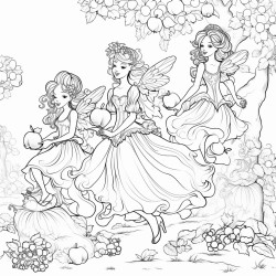 a diverse group of happy fairies pick magical fruits in an orchard on a sunny day with pleasant breeze