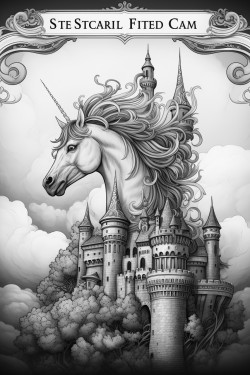 a castle in the clouds and a flying unicorn
