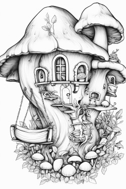 mushroom houses with a beautiful garden with a gnome snoozing in a hammock hanging from two trees in the garden