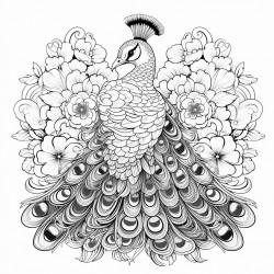 peacock in open pose mandalas theme floral elements detailed drawing
