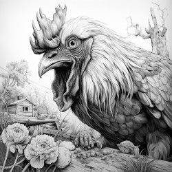 a hungry chicken trying to eat a bee for dinner